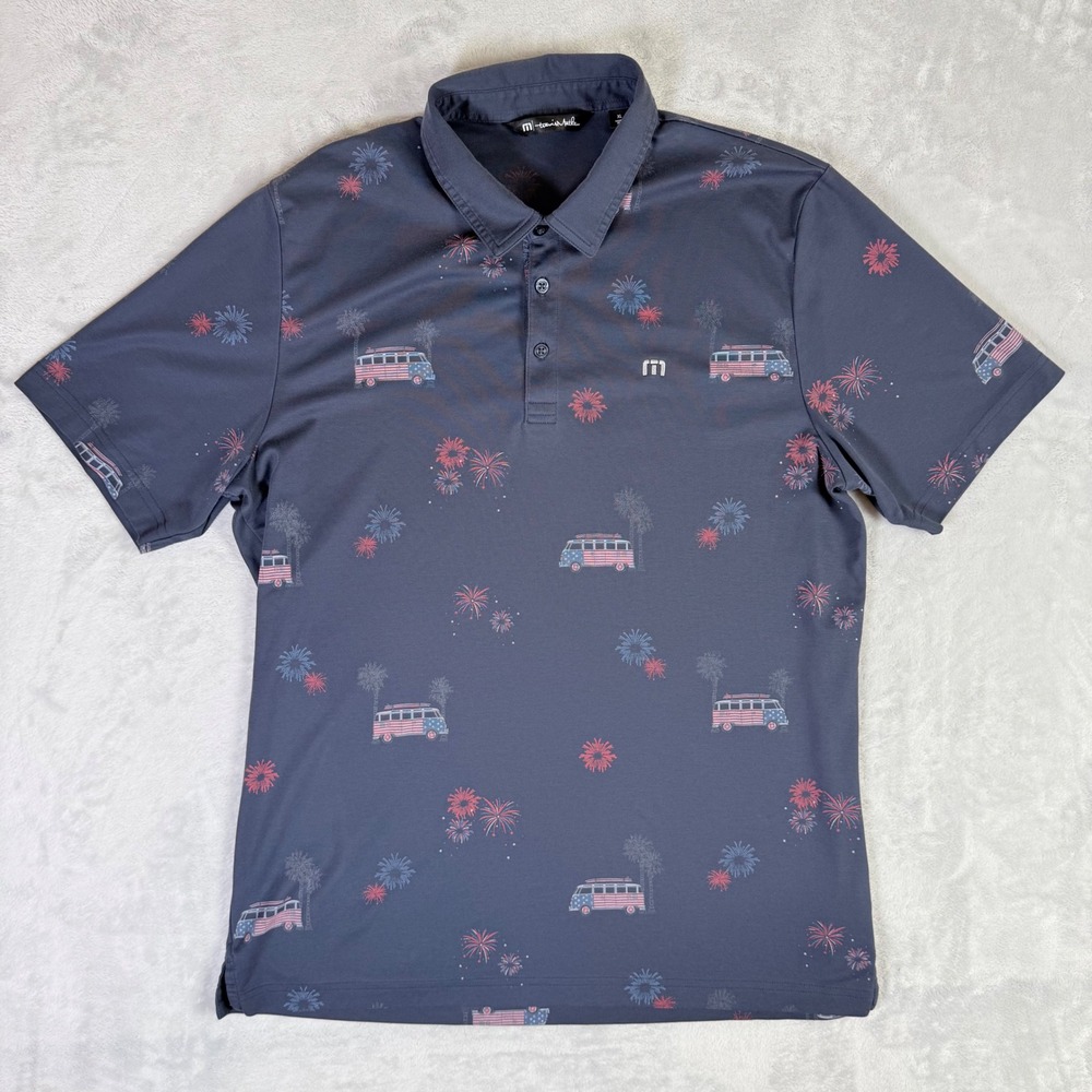 Travis Mathew Polo Shirt Mens XL 4th of July Blue Fireworks  Patriotic Golf Top